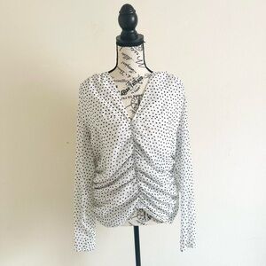 Express White and Black Polka Dot Twist-Front Long Sleeve Top